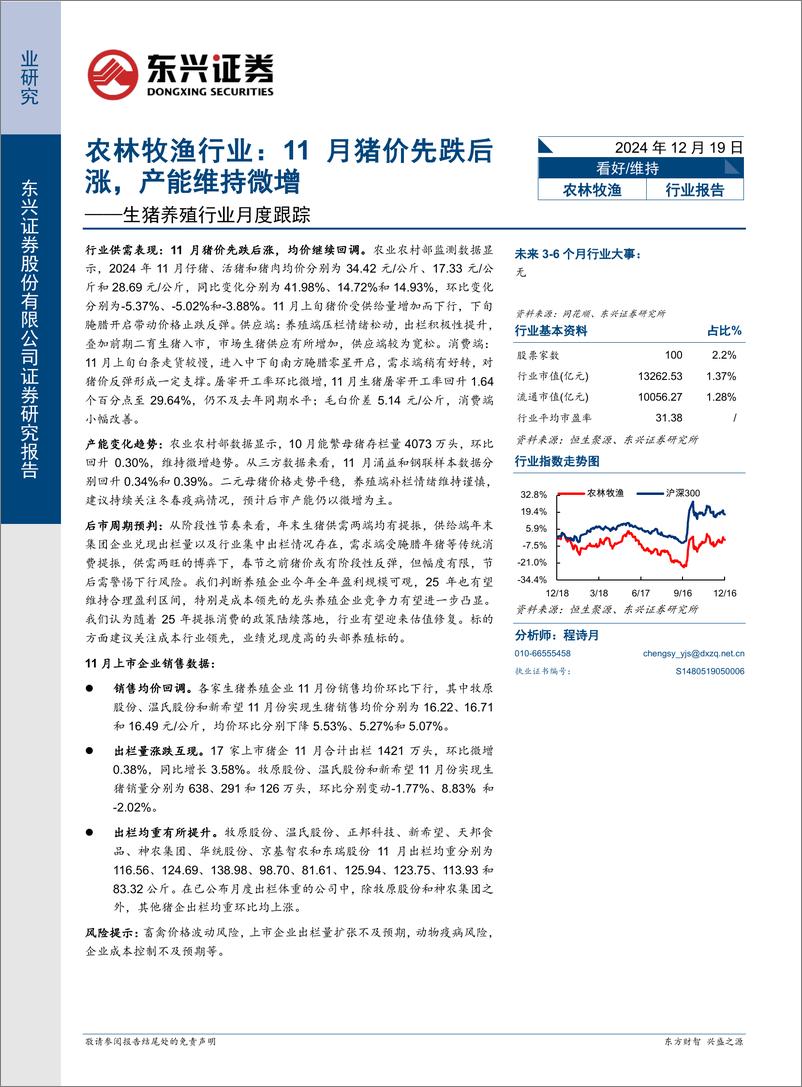 《农林牧渔行业生猪养殖行业月度跟踪，11月猪价先跌后涨，产能维持微增-东兴证券-241219-10页》 - 第1页预览图