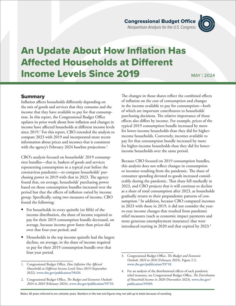 《国会预算办公室-2019年以来通货膨胀如何影响不同收入水平家庭的最新情况（英）-2024.5-7页》 - 第1页预览图