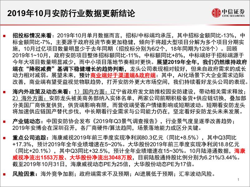 《安防行业2019年10月追踪月报：国内招投标整体承压，实体名单加速供应链切换步伐-20191107-中信证券-21页》 - 第3页预览图