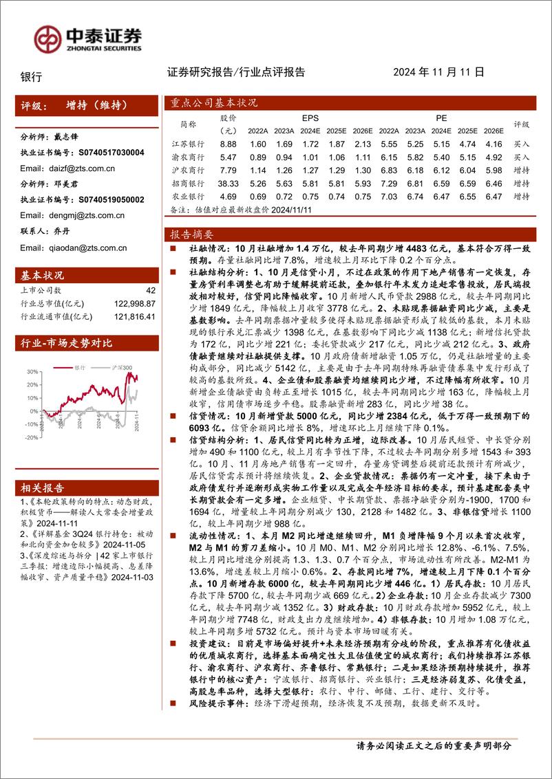 《银行业银行角度看10月社融：居民端投放边际回暖，流动性有所改善-241111-中泰证券-14页》 - 第1页预览图