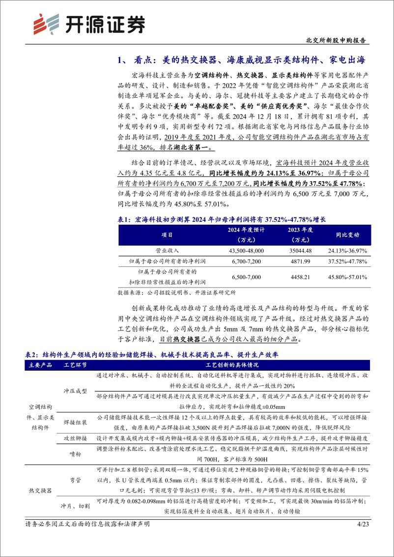 《宏海科技(920108)北交所新股申购报告：智能空调结构件“单项冠军”，热交换器与数控钣金新增长-250116-开源证券-23页》 - 第4页预览图