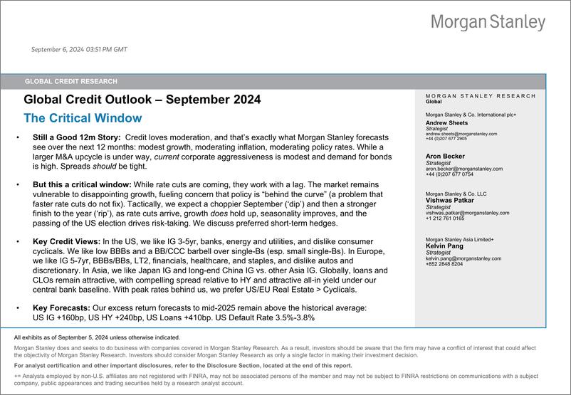 《Morgan Stanley Fixed-Global Credit Outlook - September 2024 The Critical Window-110221380》 - 第1页预览图