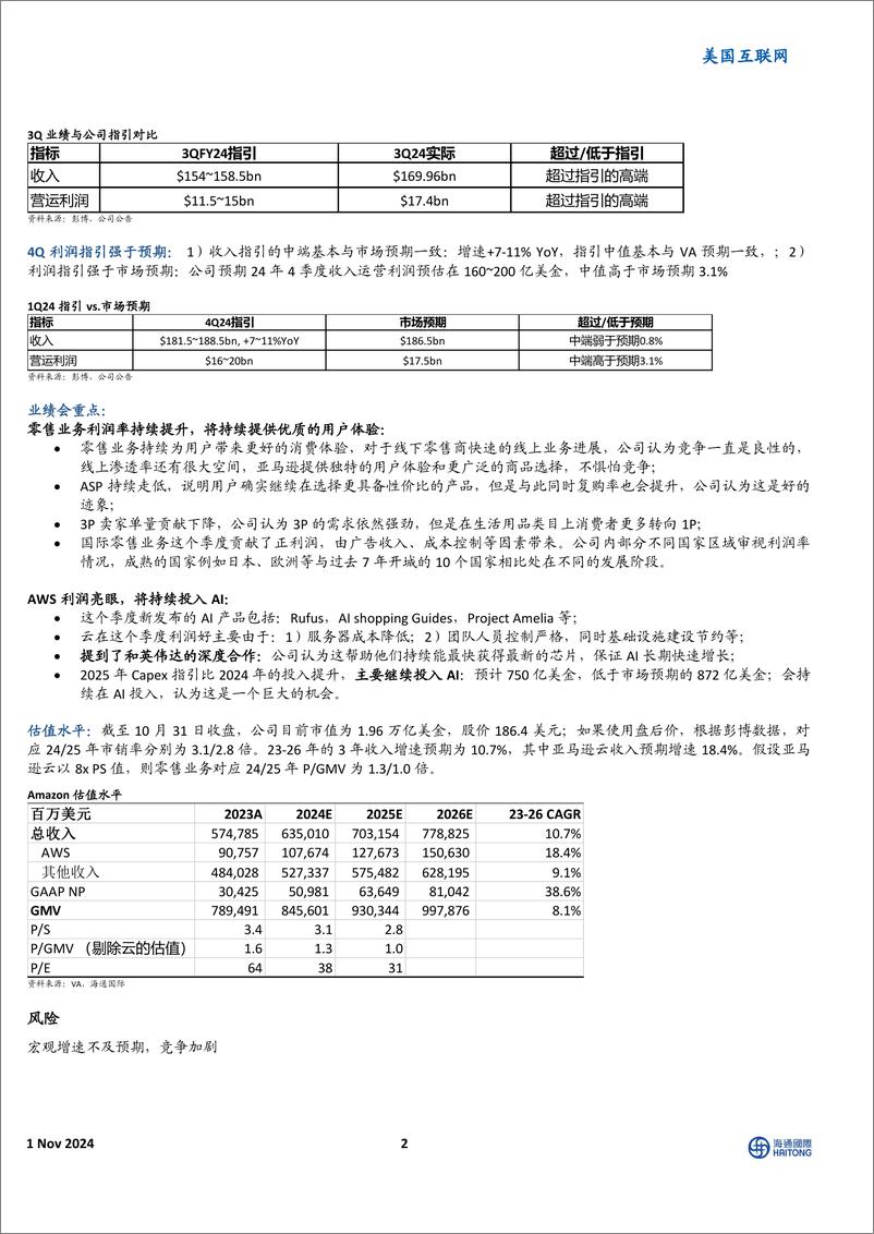 《美国互联网行业Amazon3Q24业绩点评：零售业务亮眼，云利润超预期，持续投入AI-241101-海通国际-10页》 - 第2页预览图