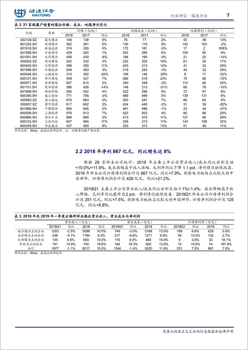 《煤炭行业：盈利同比增速放缓，煤焦龙头业绩亮眼-20190507-海通证券-22页》 - 第8页预览图