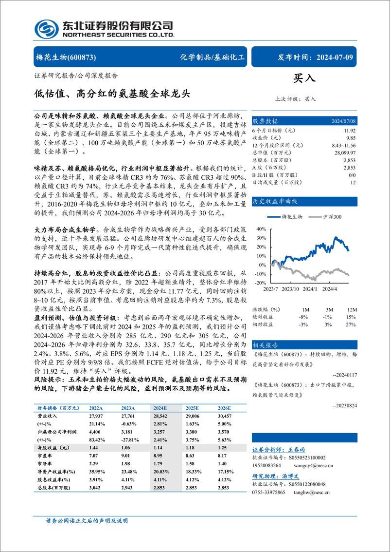 《梅花生物(600873)低估值、高分红的氨基酸全球龙头-240709-东北证券-57页》 - 第1页预览图