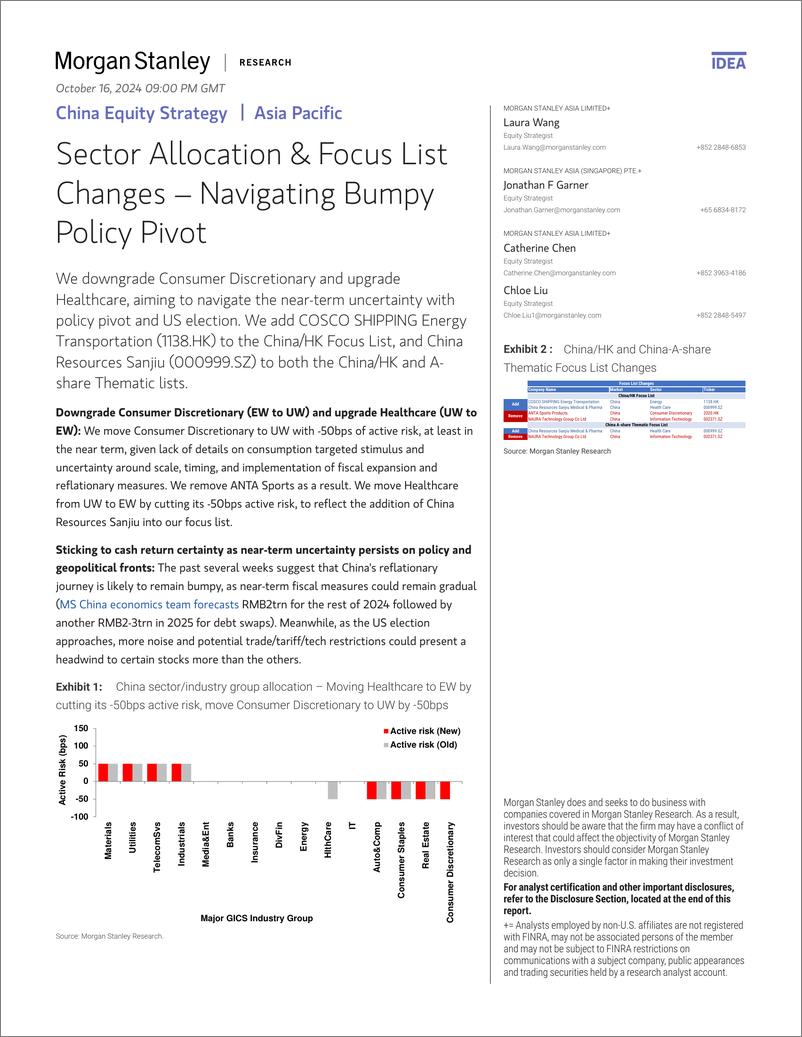 《Morgan Stanley-China Equity Strategy Sector Allocation  Focus List Change...-110870456》 - 第1页预览图