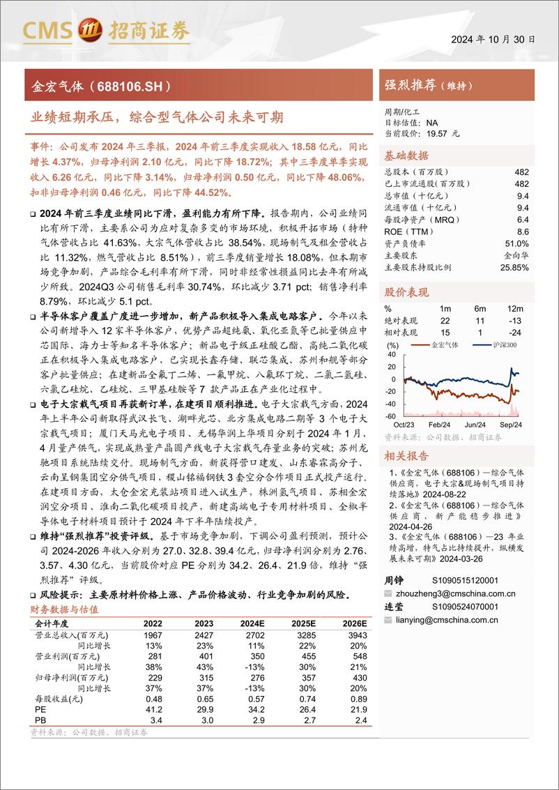 《金宏气体(688106)业绩短期承压，综合型气体公司未来可期-241030-招商证券-16页》 - 第1页预览图