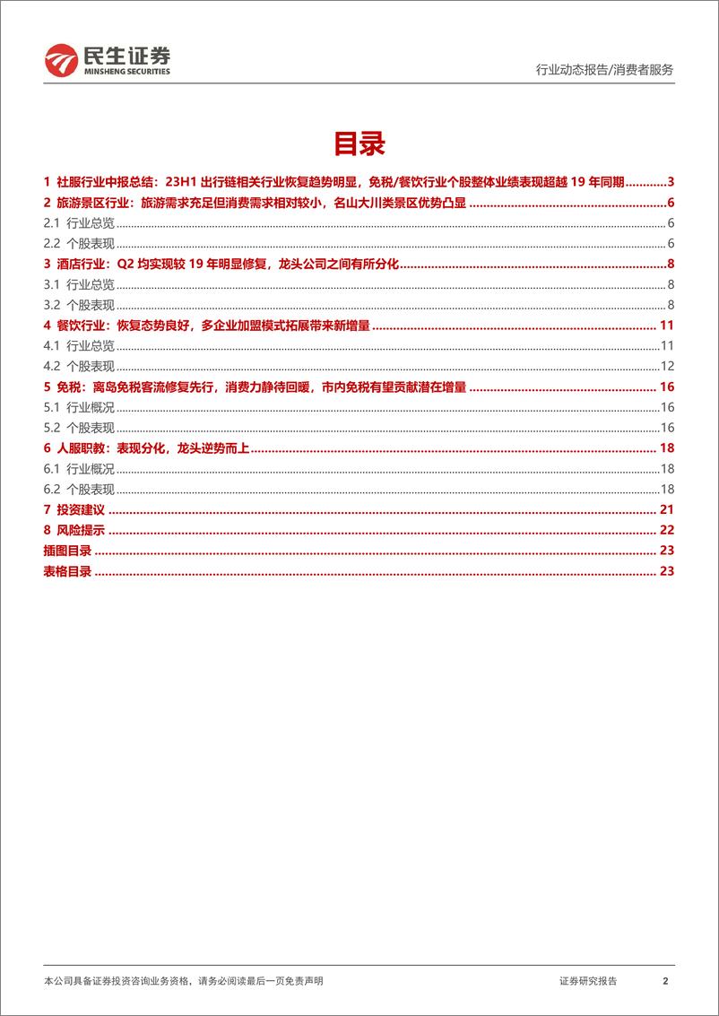 《社会服务行业2023年半年报业绩综述：出行链相关行业复苏，免税和餐饮行业个股业绩表现超19年同期-20230910-民生证券-24页》 - 第3页预览图