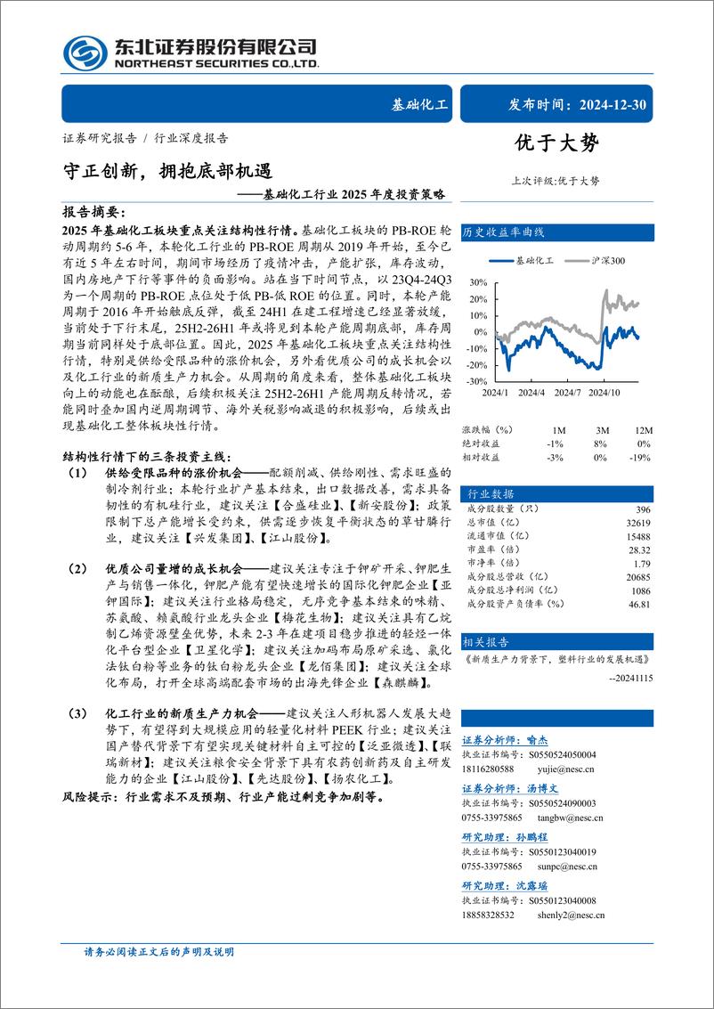 《基础化工行业2025年度投资策略：守正创新，拥抱底部机遇-241230-东北证券-56页》 - 第1页预览图