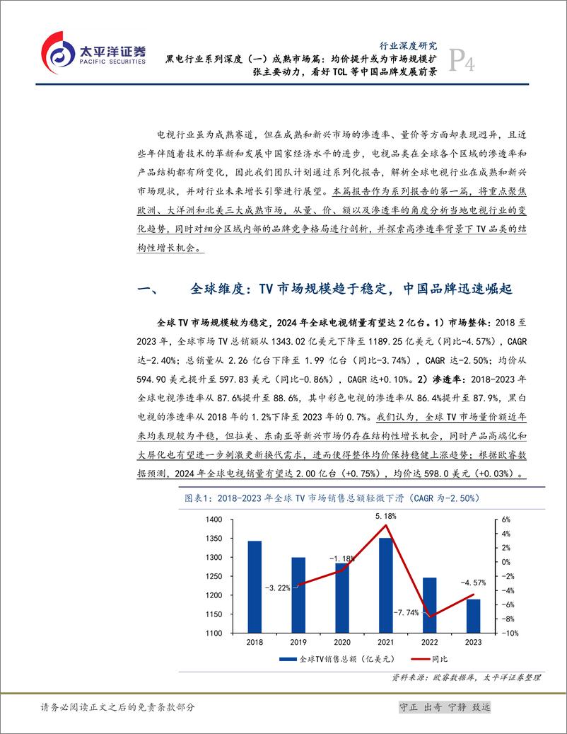 《黑电行业系列深度(一)成熟市场篇：均价提升或为市场规模扩张主要动力，看好TCL等中国品牌发展前景-241017-太平洋证券-29页》 - 第4页预览图