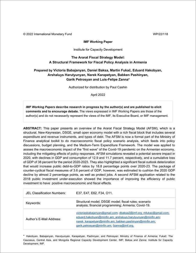 《IMF-Ararat财政战略模型：亚美尼亚财政政策分析的结构框架（英）-2022.6-64页》 - 第3页预览图