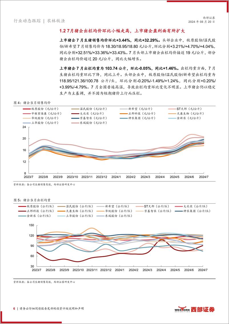 《生猪行业动态跟踪报告(月度)：24年7月上市猪企出栏量同环比均上升，出栏均价同比大幅增长-240820-西部证券-15页》 - 第6页预览图