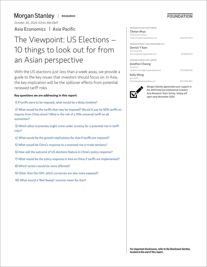 《Morgan Stanley Fixed-Asia Economics The Viewpoint US Elections – 10 things to l...-111185579》 - 第1页预览图