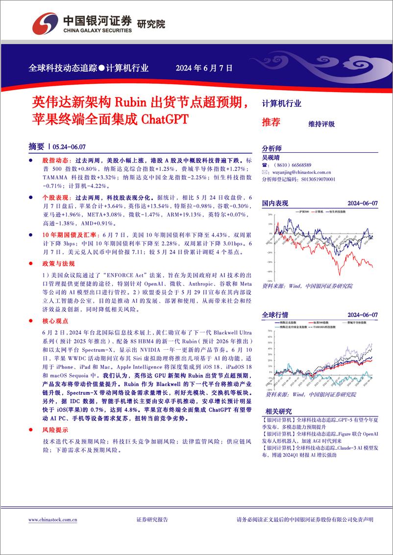 《计算机行业全球科技动态追踪：英伟达新架构Rubin出货节点超预期，苹果终端全面集成ChatGPT-240607-银河证券-10页》 - 第1页预览图