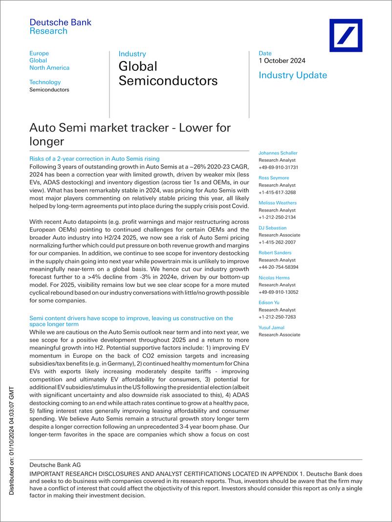 《Deutsche Bank-Global Semiconductors Auto Semi market tracker - Lower for ...-110547929》 - 第1页预览图