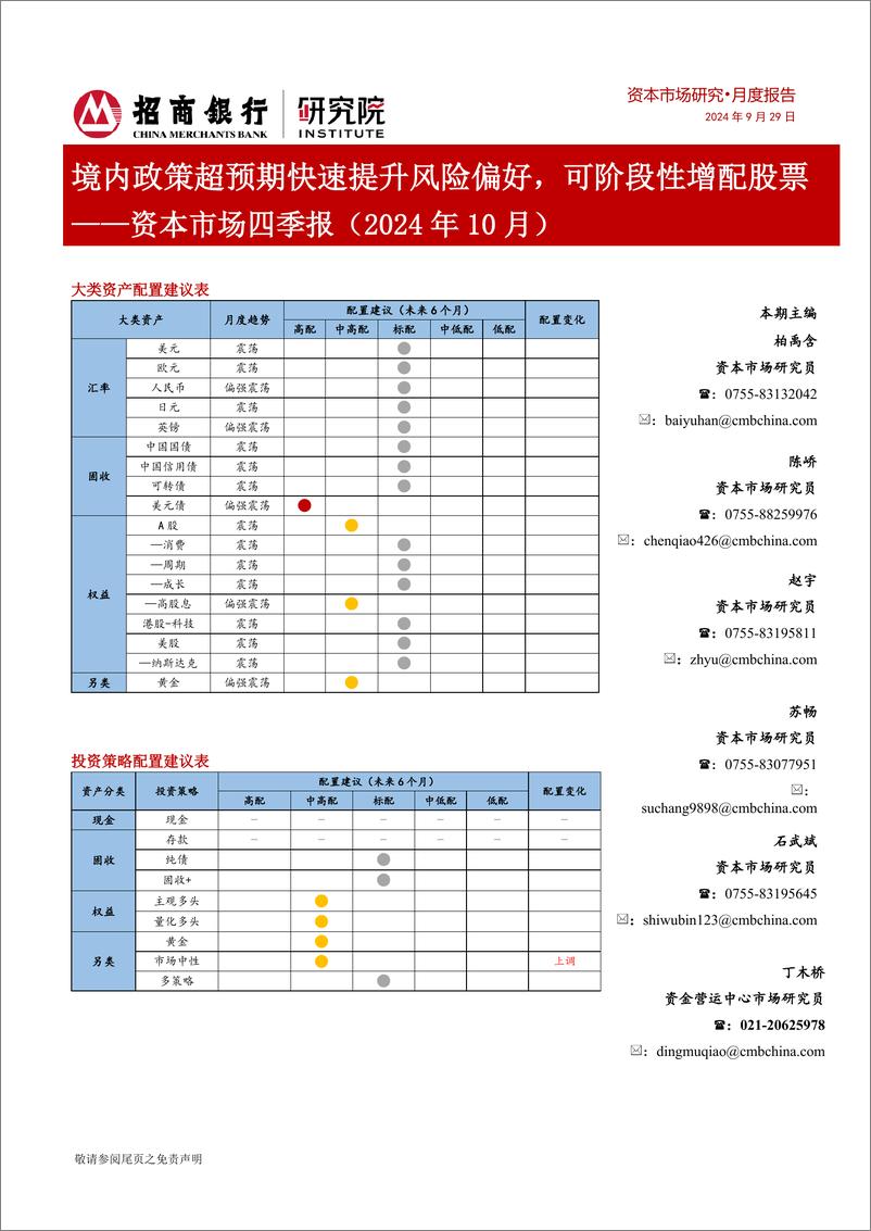 《资本市场四季报(2024年10月)：境内政策超预期快速提升风险偏好，可阶段性增配股票-240929-招商银行-24页》 - 第1页预览图