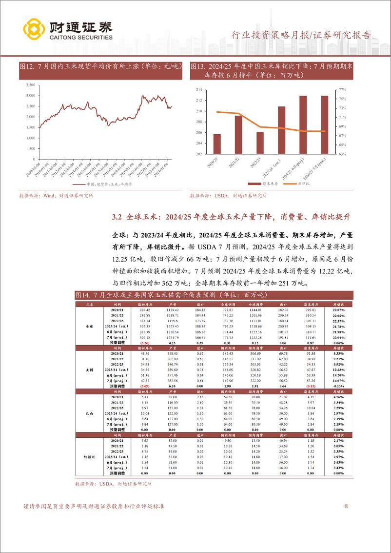 《农林牧渔行业7月USDA跟踪月报：7月USDA上调全球小麦、玉米产量预测-240722-财通证券-13页》 - 第8页预览图