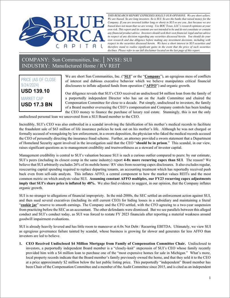 《Blue Orca-做空Sun Communities公司（英）-2024-42页》 - 第1页预览图