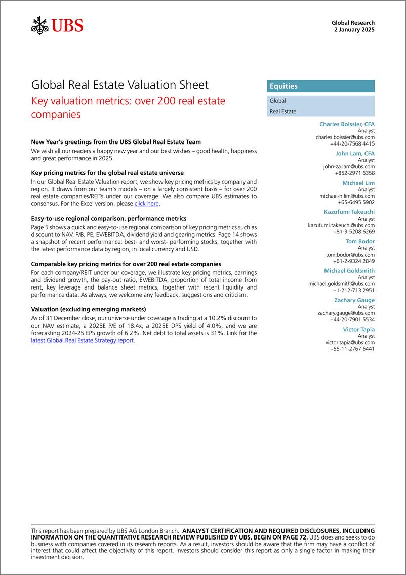 《UBS Equities-Global Real Estate Valuation Sheet _Key valuation metrics o...-112568747》 - 第1页预览图