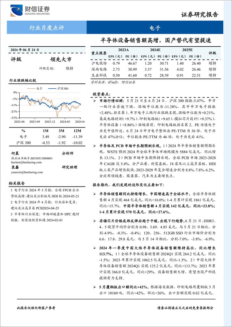 《电子行业月度点评：半导体设备销售额高增，国产替代有望提速-240624-财信证券-19页》 - 第1页预览图