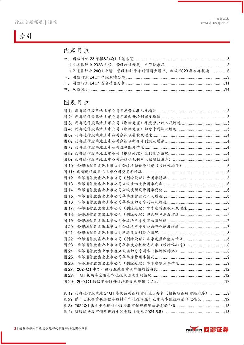 《通信行业2023年报%2624Q1财报总结暨基金持仓分析：聚焦国内外AI算力投资和出海优质企业-240508-西部证券-15页》 - 第2页预览图