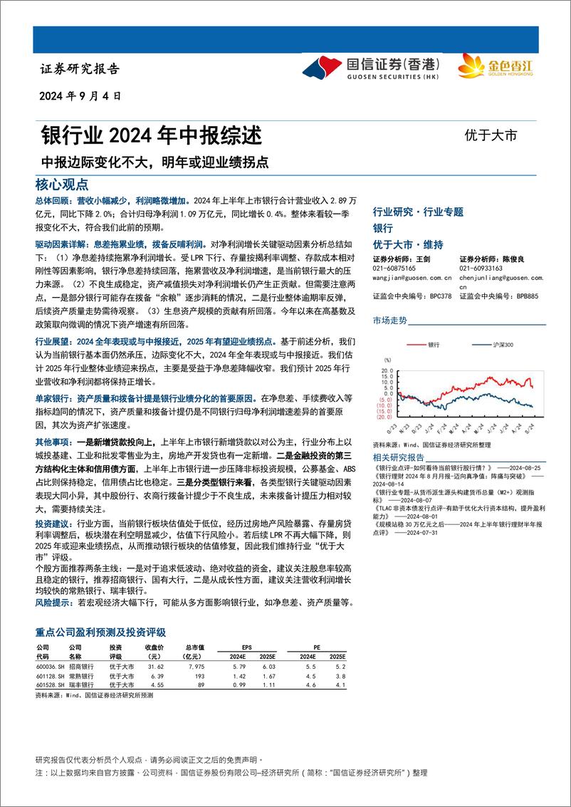 《银行业2024年中报综述：中报边际变化不大，明年或迎业绩拐点-240904-国信证券(香港)-22页》 - 第1页预览图