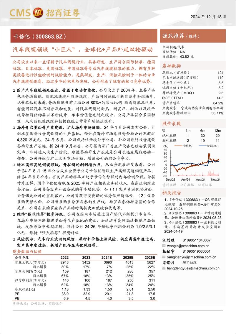 《卡倍亿(300863)汽车线缆领域小巨人，全球化产品外延双轮驱动-241218-招商证券-15页》 - 第1页预览图