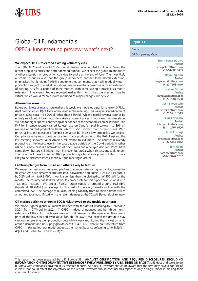 《UBS Equities-Global Oil Fundamentals _OPEC＋ June meeting preview whats ...-108367390》 - 第1页预览图