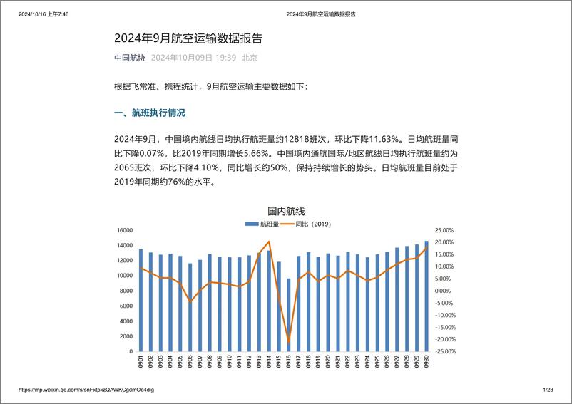 《2024年9月航空运输数据报告-23页》 - 第1页预览图