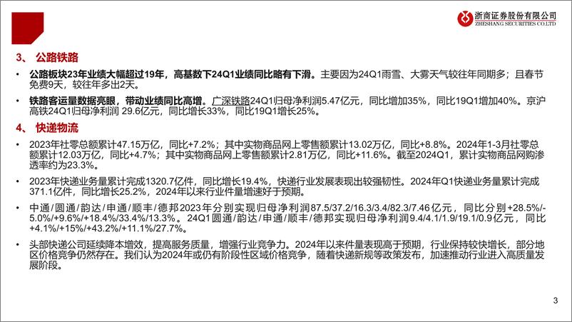 《交运行业2023年报及2024年一季报业绩综述：油运跨境物流高景气，公路平稳铁路超预期-240506-浙商证券-50页》 - 第3页预览图