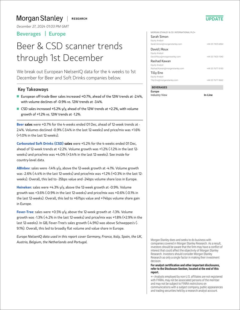 《2024-12-27-Morgan Stanley-Beverages Beer  CSD scanner trends through 1st December-112460853》 - 第1页预览图