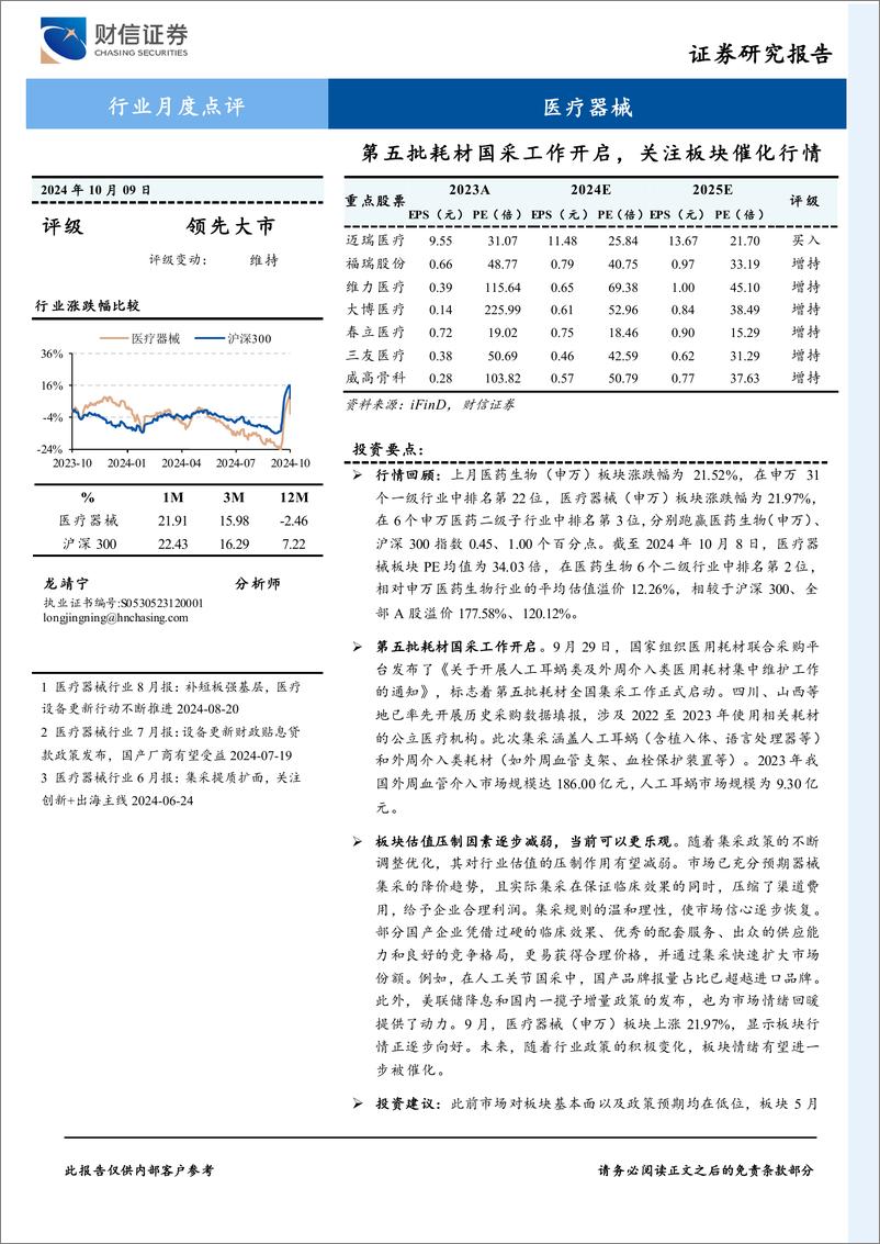 《医疗器械行业月度点评：第五批耗材国采工作开启，关注板块催化行情-241009-财信证券-12页》 - 第1页预览图