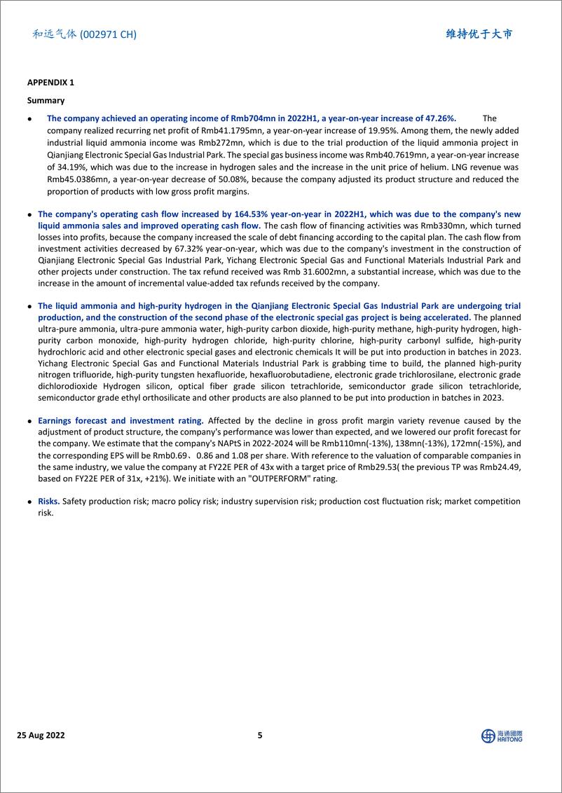 《海通国际-和远气体-002971-上半年营业收入同比增长47.26%，潜江项目液氨销量大幅提升-220825》 - 第5页预览图