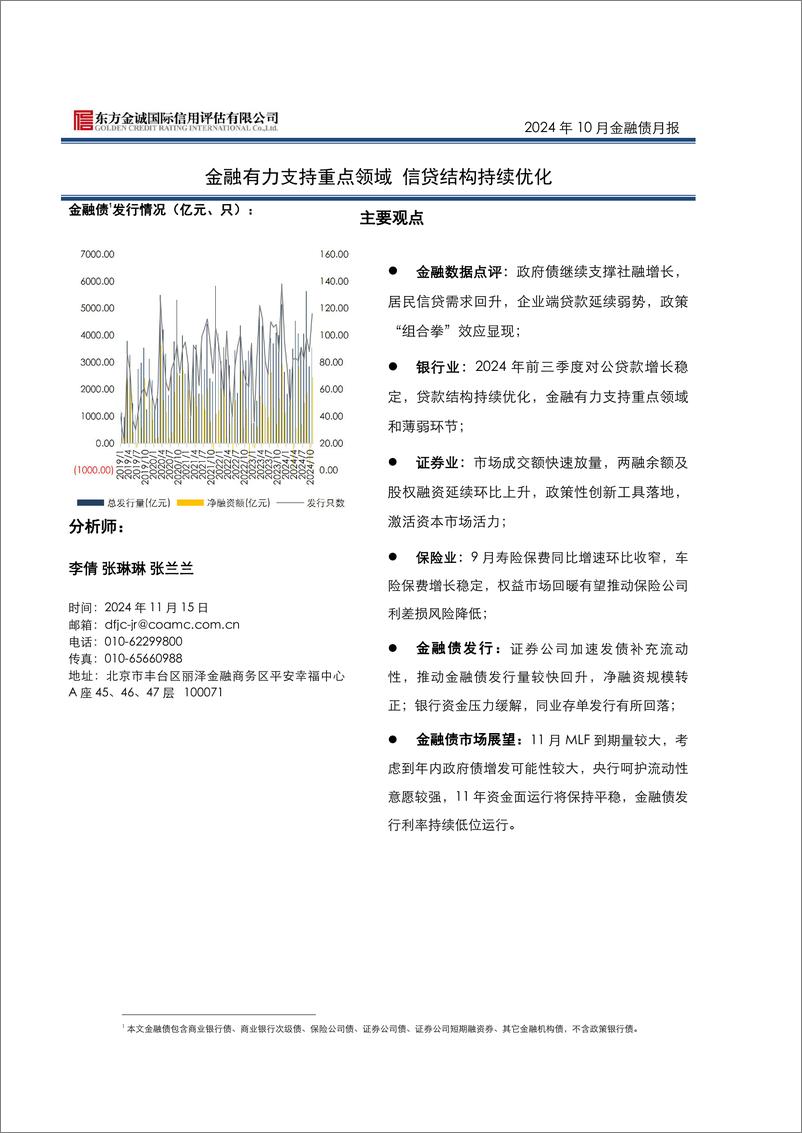 《2024年10月金融债月报：金融有力支持重点领域，信贷结构持续优化-241115-东方金诚-11页》 - 第1页预览图