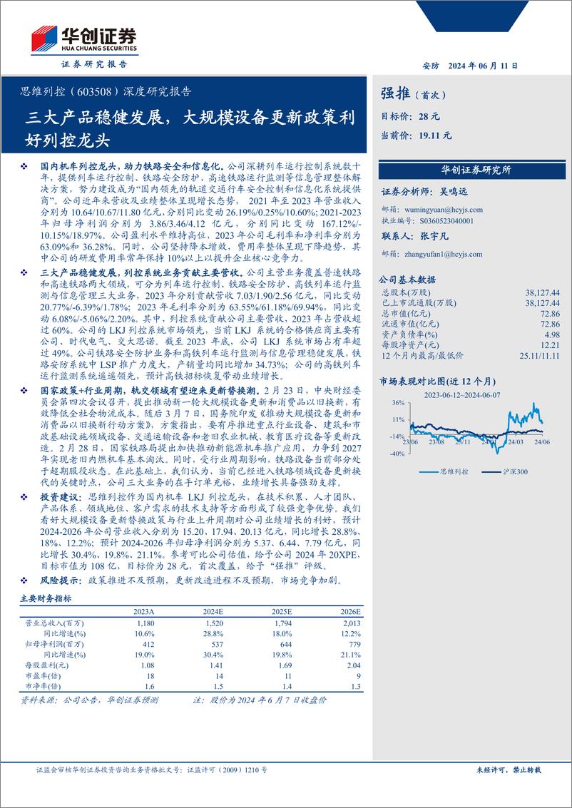 《思维列控(603508)深度研究报告：三大产品稳健发展，大规模设备更新政策利好列控龙头-240611-华创证券-24页》 - 第1页预览图