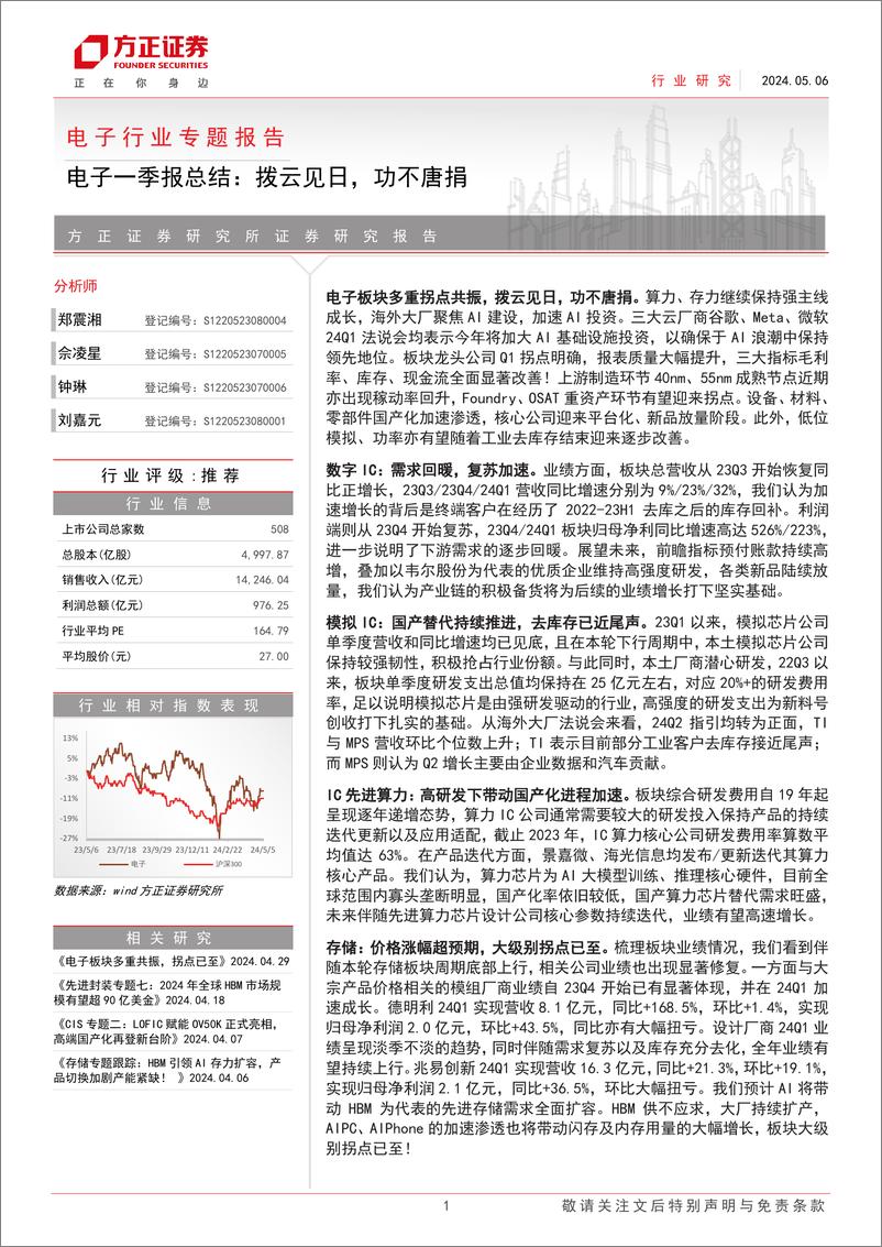 《电子行业专题报告-电子一季报总结：拨云见日，功不唐捐-240506-方正证券-148页》 - 第1页预览图