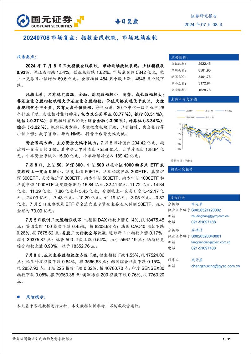 《市场复盘：指数全线收跌，市场延续疲软-240708-国元证券-11页》 - 第1页预览图