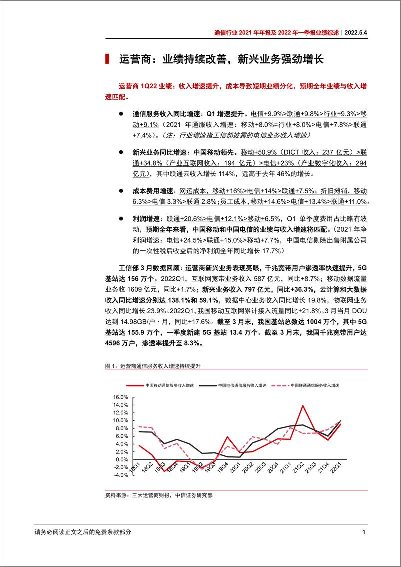 《通信行业2021年年报及2022年一季报业绩综述：重点关注运营商、通信赋能汽车、数字经济三条主线-20220504-中信证券-38页》 - 第8页预览图