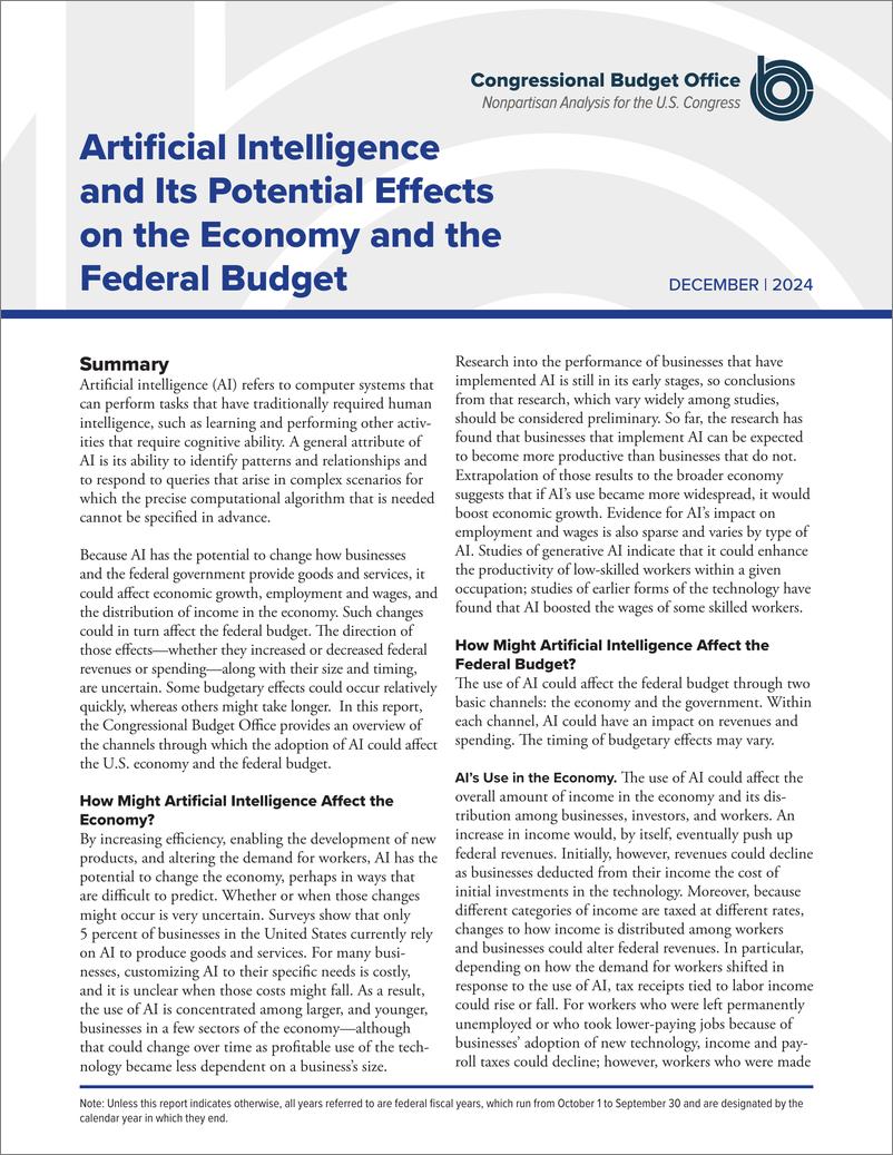 《国会预算办公室-人工智能及其对经济和联邦预算的潜在影响（英）-2024.12-12页》 - 第1页预览图