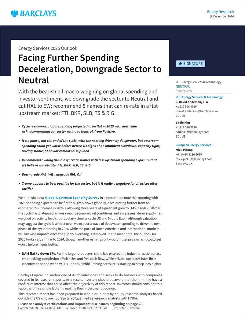 《Barclays_Energy_Services_2025_Outlook_Facing_Further_Spending_Deceleration_Downgrade_Sector_to_Neutral》 - 第1页预览图