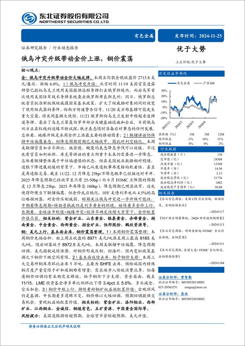 《有色金属行业动态报告：俄乌冲突升级带动金价上涨，铜价震荡-241125-东北证券-24页》 - 第1页预览图