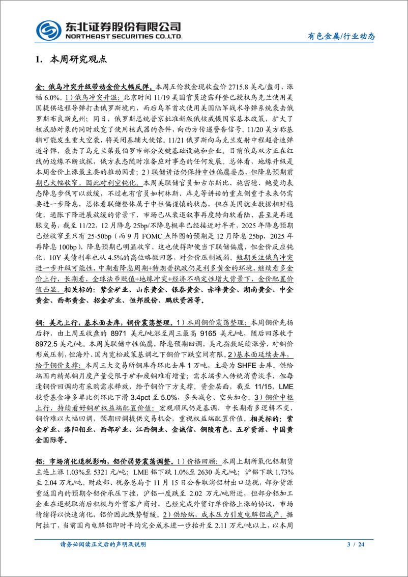 《有色金属行业动态报告：俄乌冲突升级带动金价上涨，铜价震荡-241125-东北证券-24页》 - 第3页预览图