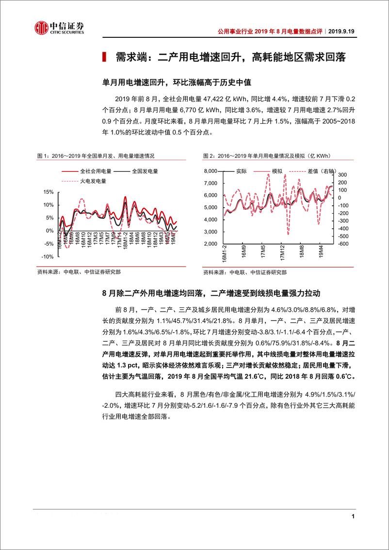 《公用事业行业2019年8月电量数据点评：二产支撑用电增速回升，但前景仍难言乐观-20190919-中信证券-14页》 - 第5页预览图