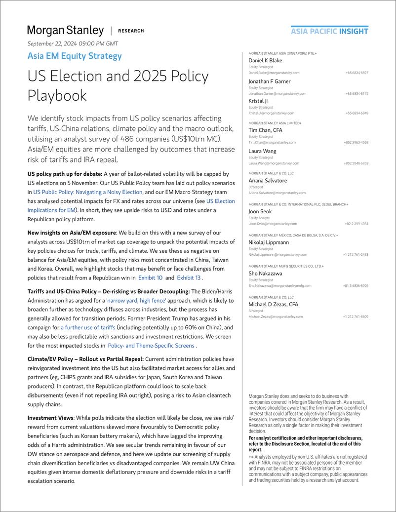 《Morgan Stanley Fixed-Asia EM Equity Strategy US Election and 2025 Policy Playboo...-110429027》 - 第1页预览图