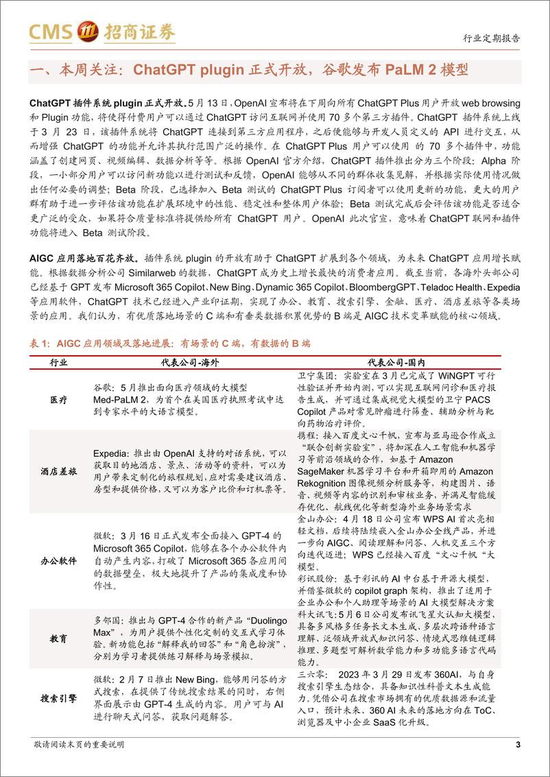 《20230514-招商证券-计算机行业周观察：ChatGPTPlugin正式开放，AIGC应用百花齐放》 - 第3页预览图