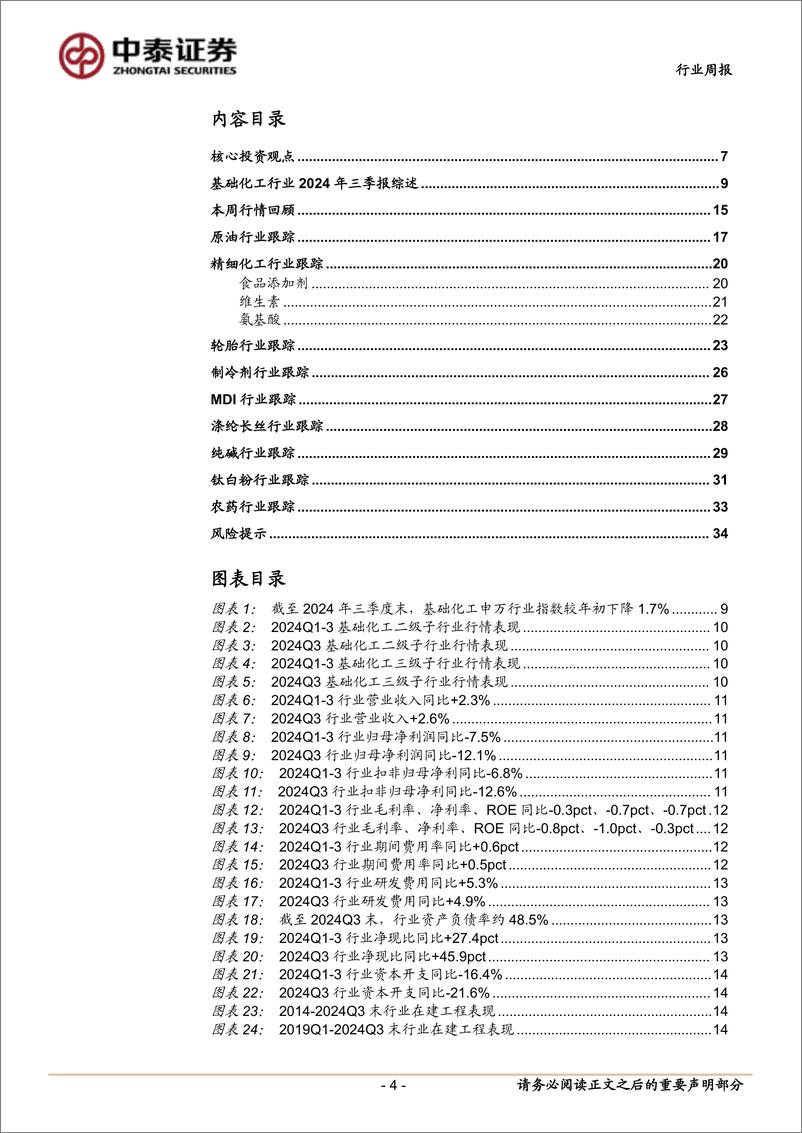 《基础化工行业：三季度化工整体仍承压；资本开支连续四个季度同比负增-241103-中泰证券-35页》 - 第4页预览图