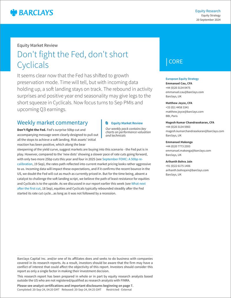 《Barclays_Equity_Market_Review_Don_t_fight_the_Fed_don_t_short_Cyclicals》 - 第1页预览图