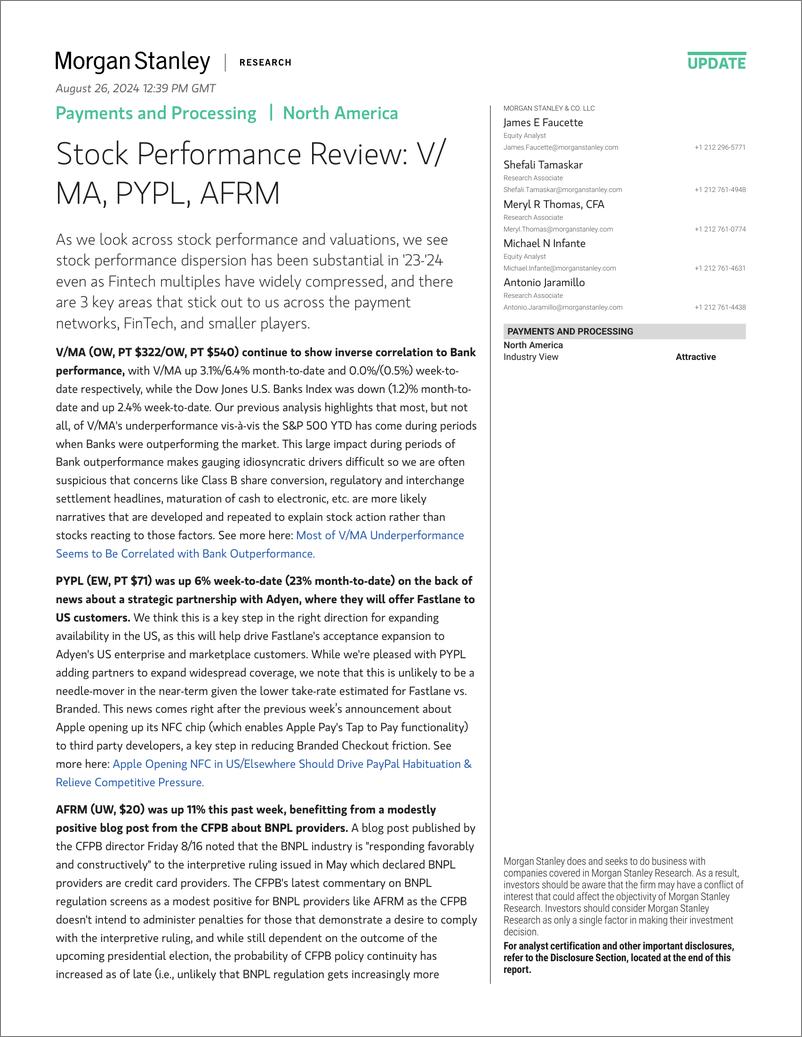 《Morgan Stanley-Payments and Processing Stock Performance Review VMA, PYP...-110017088》 - 第1页预览图