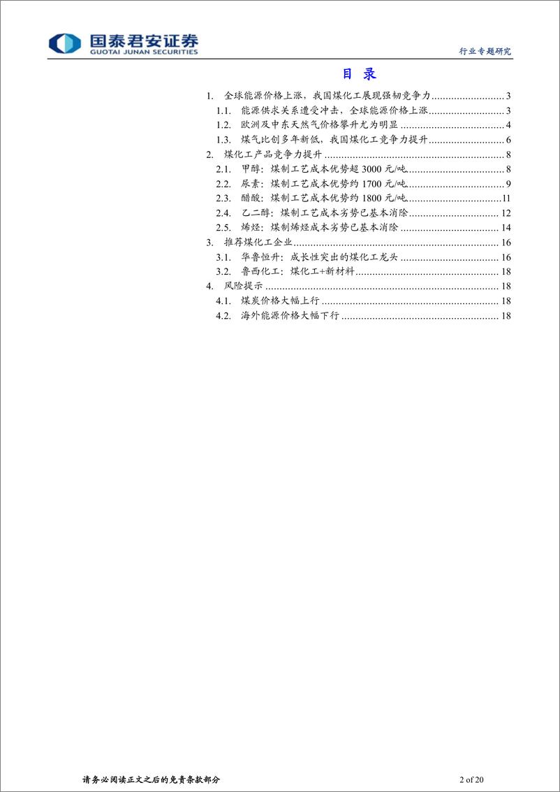 《基础化工行业煤化工专题研究：高能源价格下的竞争优势-20220328-国泰君安-20页》 - 第3页预览图