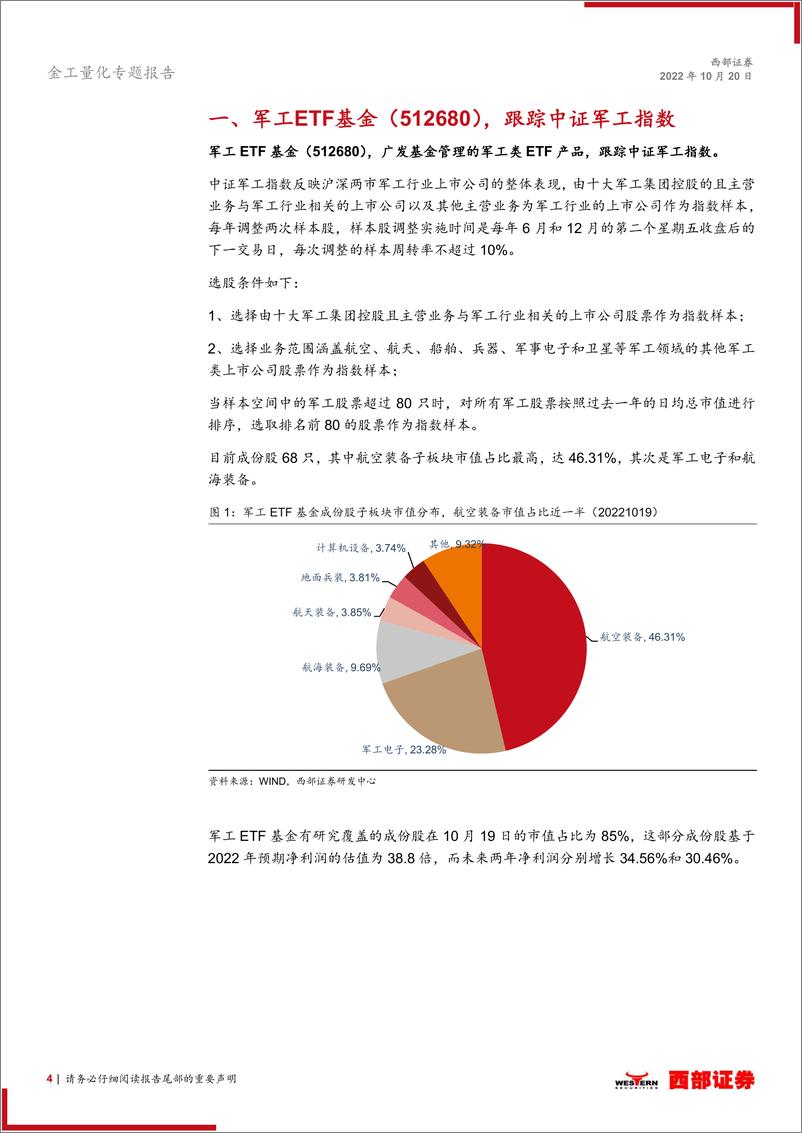 《基金产品研究：军工ETF基金（512680），定价合理，建议高配-20221020-西部证券-15页》 - 第5页预览图